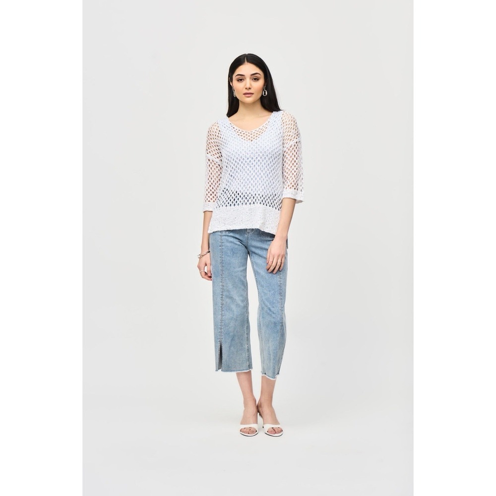 Joseph Ribkoff White Open Knit Sequin Sweater V-Neck Lightweight Crochet Top M